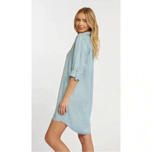 Thread & Supply Medium 3/4 Sleeve Chambray Shirt Dress Tunic Denim Blue Pockets‎